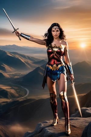 photography full body of a beautiful Gal Gadot 25 years old as wonder woman of DC  black hair, whit a sword in a hand wearing a custom of wonder woman stand up in a mountain at sunset whit Athenas as background in 4k,OHWX