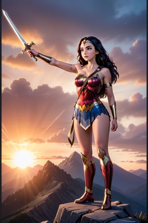 cartoon full body of a beautiful Gal Gadot 25 years old as wonder woman of DC  black hair, whit a sword in a hand wearing a custom of wonder woman stand up in a mountain at sunset whit Athenas as background in 4k,OHWX,better photography,OHWX WOMEN ,disney pixar style