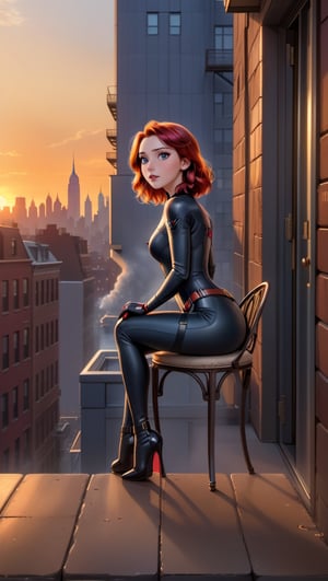 a  cartoon  of Scarlett Johansson, 25, as Black Widow, sits regally in a chair on the edge of a Manhattan balcony, as the setting sun paints the cityscape with warm hues. Her striking red hair cascades down her back like a fiery waterfall. The soft golden light of sunset casts a flattering glow on her porcelain skin, while the city's steel and stone structures provide a sleek backdrop. In 4K resolution, every detail is crisp and vivid: from the delicate curve of her fingers to the determined set of her jaw.,scarlett johansson,disney pixar style