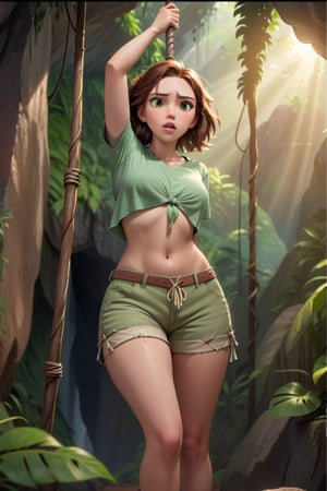 cartoon  full body of a beautiful Scarlett  Johansson 25 years old brown hair, wearing a green T-shirt, green shorts whit the hands tied a pole stand up in a cave in the jungle at morning whit lightin natural as background in 4k,OHWX,better photography,disney pixar style