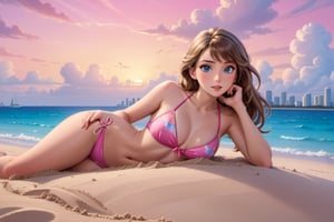 cartoon full body of a beautiful caucasian girl 26 years old ,brown hair, blue eyes  wearing a skimpy pink bikini laying in the sand in miami beach  at sunset whit the city  as background in 4k,TaylorSwift,disney pixar style,better photography,Extremely Realistic