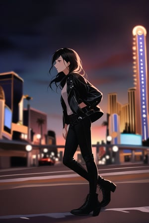 cartoon full body of a beautiful Gal Gadot 25 years old a wearing a black leather jacket whit out pants stand up in the street at sunset whit the city of Las Vegas as background in 4k