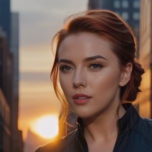 portrait of a beautiful Scarlett Johansson 25 years old , red hair, blue eyes, wearing a skimpy custom of black widow of Marvel stand up in a street of manhatan in New York at sunset whit the city and lighting natural as background in 4k.