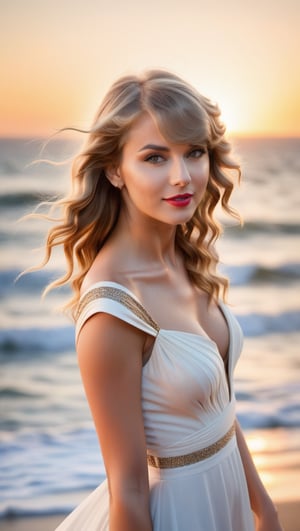 Taylor Swift, 23, stands confidently on a sun-kissed beach at golden hour. Her bright blonde curls cascade down her back like honeycombed waves. Her features are radiant under a fiery sunset sky, red lips glistening with a subtle smile. A flowing white dress hugs her curves, the sea breeze rustling its delicate folds as she gazes out towards the horizon.,TaylorSwift,Taylor Swift woman,photo r3al