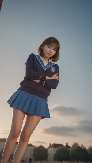 a photography full body of a beautiful caucasian girl 19 years old ,brown small hair, wearing a skimpy blue school uniform and blue miniskirt stand up in a college at sunset  as background in 4k,Extremely Realistic,photorealistic,disney pixar style,photo r3al, score_9_up