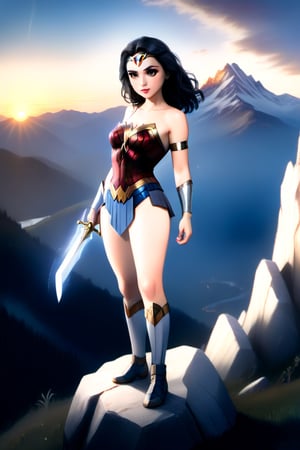 cartoon full body of a beautiful Gal Gadot 25 years old as wonder woman of DC  black hair, whit a sword in a hand wearing a custom of wonder woman stand up in a mountain at sunset whit Athenas as background in 4k,OHWX,better photography,OHWX WOMEN ,disney pixar style