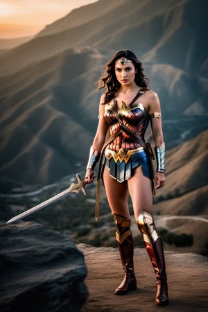 photography full body of a beautiful Gal Gadot 25 years old as wonder woman of DC  black hair, whit a sword in a hand wearing a custom of wonder woman stand up in a mountain at sunset whit Athenas as background in 4k,OHWX,better photography,OHWX WOMEN 