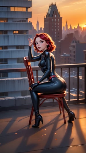 a  cartoon  of Scarlett Johansson, 25, as Black Widow, sits regally in a chair on the edge of a Manhattan balcony, as the setting sun paints the cityscape with warm hues. Her striking red hair cascades down her back like a fiery waterfall. The soft golden light of sunset casts a flattering glow on her porcelain skin, while the city's steel and stone structures provide a sleek backdrop. In 4K resolution, every detail is crisp and vivid: from the delicate curve of her fingers to the determined set of her jaw.,scarlett johansson,disney pixar style,photo r3al