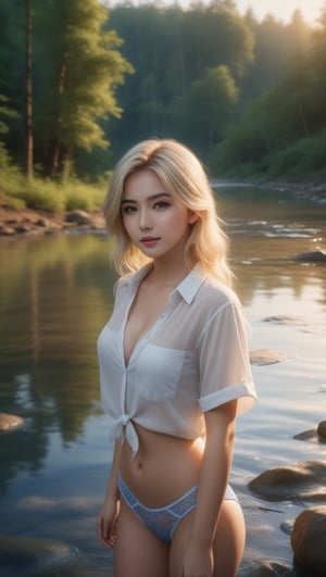 a photography full body of a beautiful caucasian girl 20 years old ,small blonde hair, brown eyes, wearing a transparent white blouse, and skimpy blue underweari stand up in a river at sunset in the forest as background in 4k,Extremely Realistic,photorealistic,disney pixar style,photo r3al, score_9_up, score_8_up, score_7_up,source_anime
