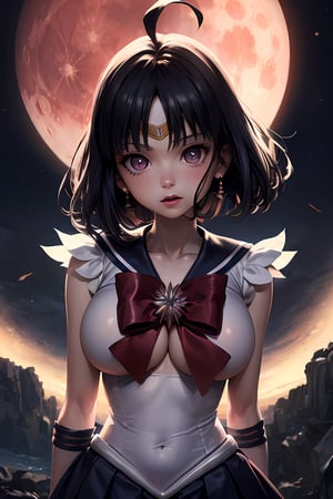 Cinematic Lighting,colored pencil (medium),style of bang dream!,large breast,out-of-frame censoring,game cg,artbook,absurdres,ahoge,purple,short hair,sailormoon pose,half body,perfect body,anime coloring,big red moon,1 girl,sailor saturn