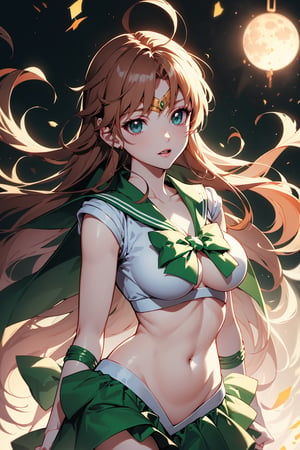 Cinematic Lighting,colored pencil (medium),style of bang dream!,large breast,out-of-frame censoring,game cg,artbook,absurdres,ahoge,green,sailormoon pose,half body,perfect body,anime coloring,big red moon,,sailor jupiter,1 girl