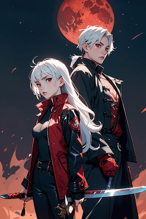 white_hair,red_eyes,teenage,Conceptual art of futuristic yin-yang swordsmen,,standing left and right,knife and sword,Red Moon, Crazy, Grey Coat, Night View,girl,large breast,