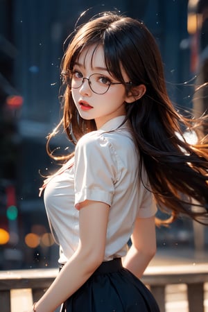 1girl,school uniform,blunt_bangs,petite,masterpiece,cinematiclighting,red_glasses,black eyes,staring,black hair,large breast,beautiful detailed eyes,Open mouth indicating flustered,solo,blush,cinematic angle ,starry sky,clusters of stars,arms behind back,solo,