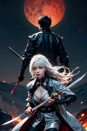 white_hair,red_eyes,teenage,Conceptual art of futuristic yin-yang swordsmen,,standing left and right,knife and sword,Red Moon, Crazy, Grey Coat, Night View,girl,large breast,