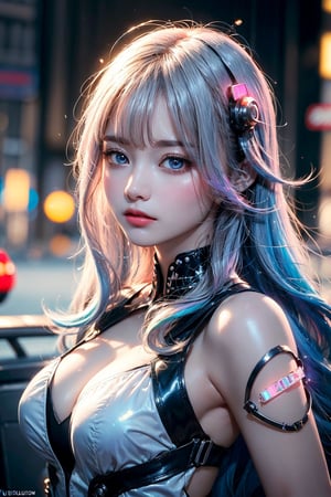 (((((((llustration ))))))),((((((masterpiece)))))),cinematiclighting,bloom,ray tracing,1girl,Rainbow hair,(((colorful))),float hair,  1girl,(white gradation hair),light pinklong hair,detailed cyberpunk city background,night,neon light,female focus on,mechanical arm,large breast, upper body,((Masterpiece,best quality, beautifully painted,highly detailed)),blue eyes,intense angle,dramatic angle,dramatic  pose,  (hologram), ((circuitry)), ((translucent)), chromatic aberration,1 girl