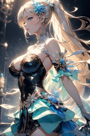 ponytail, shawl, belt,large breast,sim, black leather gloves, white sleeves, transparent mini skirt, white boots, blonde hair, blue eyes,  genshin impact, blowing,  (((masterpiece))),(((best quality))),((ultra-detailed))((extremely detailed CG)),((8k_wallpaper))((an extremely delicate and beautiful)),dynamic angle,floating, (beautiful detailed eyes),an extremely delicate and beautiful girl,1 girl,glitter