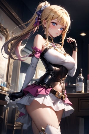 ponytail, shawl, belt,large breast,sim, black leather gloves, white sleeves, transparent mini skirt, white boots, blonde hair, blue eyes,  genshin impact, blowing,  (((masterpiece))),(((best quality))),((ultra-detailed))((extremely detailed CG)),((8k_wallpaper))((an extremely delicate and beautiful)),dynamic angle,floating, (beautiful detailed eyes),an extremely delicate and beautiful girl,1 girl,glitter,fumina