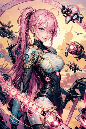 bangs,ahoge,side_ponytail,very_long_hair,pink_eyes,pink_hair,chibi,large breast,straight-on,serious looking,grin,eye contact,robot girl,sci-fi futuristic background, technologies,mecha,Mechanical_tentacles