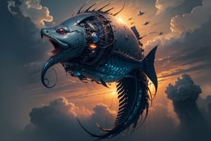 (((masterpiece))),(((best quality))),((ultra-detailed))((extremely detailed CG)),((8k_wallpaper)),((an extremely delicate and beautiful)),detailed floating huge mechanical devilfish through the clouds,on the sky,detailed cloud,science fiction,dynamics,sun,,,