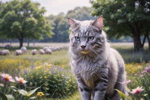 (Masterpiece:1.2, High Quality), Nowegian Forest Cats, Ojo, Double, wild flower field, high jump, Cute, (Grey and Silver hair), ball, cat,Detailedface