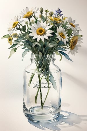 watercolor, Neutral color, daisy and wild flowers in vase or jars, white background,