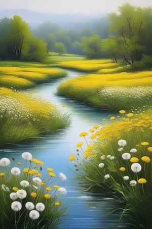 Oil painting, dandelions meadow, wild flowers, river, artistic, painting, illustration, white background, highly detailed,shouban