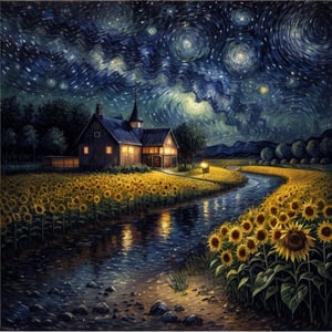 Printable Sunflower Field Landscape Oil Painting, Starry Night Sky, Small Vintage Farm House, Fawn drinking water at River, Country Field Landscape Oil Painting Printable, Art Digital, Van Gogh Style, Luxurious Feel, Soothing feeling, Dreamy feeling, 