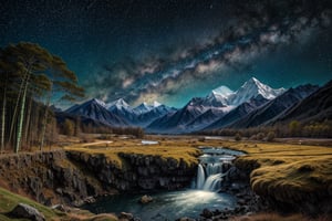 (masterpiece:1.2, best quality:1.2,  high quality, highres:1.1, aesthetic), detailed, extremely detailed, Himalayan Mountain Ranges, Large waterfall, starry night, Bamboo Forest at forground, Landscape Oil Painting, Mountain Landscape, 