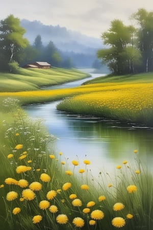 Oil painting, dandelions meadow, wild flowers, river, artistic, painting, illustration, white background, highly detailed,shouban