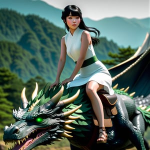 Young Japanese girl, white dress, full body, black color hair, green eye, realistic, 8k, best quality, no caption, no words, no text, riding big dragon, no wings