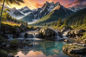 (masterpiece:1.2, best quality:1.2,  high quality, highres:1.1, aesthetic), detailed, extremely detailed, High Mountain with waterfalls, Deer drinking water, Water reflect Mountains, Sunset, Bamboo Forest at forground,  Landscape Oil Painting, Mountain Landscape, 