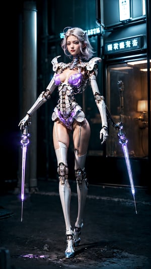(((Masterpiece)))), (((highest quality)))), ((Ultra Definition)), (Very Detailed Photoreality), (((Very Delicate and Beautiful)), (Delicate and Pretty Face),  (((medium breast))), Cinematic Light, (((1 Machine Girl)), Solo, Full Body, Big, Cleavage Is Visible Skin, White Hair, Purple Eyes, Luminous Eyes, (Mechanical Joint: 1.4), (Mechanical limbs)), (Blood vessels connected to tubes), (( Mechanical vertebrae attached to the back)), ((Cervical vertebrae of the machine) attached to the neck)), (((standing)), expressionless, (battle armour body: 1.5), (character focus), small LED lamps on the body, Evangelion, SF, metallic body, detailed neon,机甲少女
