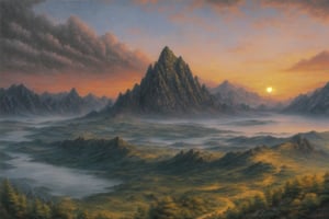 (masterpiece:1.2, best quality:1.2,  high quality, highres:1.1, aesthetic), detailed, extremely detailed, Avatar Mountain, Sunset, Oil Painting, 