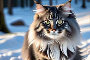 Norwegian forest cat, full body, grey color hair, odd eye, realistic, 8k, best quality, no caption, no words, no text, hunting, snow,