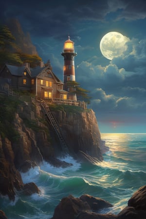 a lighthouse on a cliff near the ocean, full moon, cinematic perfect light, colorful, ultra highly detailed, 32 k, Fantastic Realism complex background, dynamic lighting, lights, digital painting, intricated pose, highly detailed intricated, stunning, textures, iridescent and luminescent scales, breathtaking beauty, pure perfection, divine presence, unforgettable, impressive, breathtaking beauty, Volumetric light, auras, rays, vivid colors reflects, sf, intricate artwork masterpiece, ominous, matte painting movie poster, golden ratio, trending on cgsociety, intricate, epic, highly detailed, vibrant, production cinematic character render, ultra high quality model, water color painting