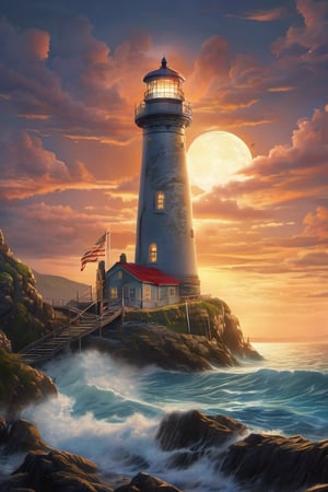 a lighthouse on a cliff near the ocean, full moon, cinematic perfect light, colorful, ultra highly detailed, 32 k, Fantastic Realism complex background, dynamic lighting, lights, digital painting, intricated pose, highly detailed intricated, stunning, textures, iridescent and luminescent scales, breathtaking beauty, pure perfection, divine presence, unforgettable, impressive, breathtaking beauty, Volumetric light, auras, rays, vivid colors reflects, sf, intricate artwork masterpiece, ominous, matte painting movie poster, golden ratio, trending on cgsociety, intricate, epic, highly detailed, vibrant, production cinematic character render, ultra high quality model, water color painting