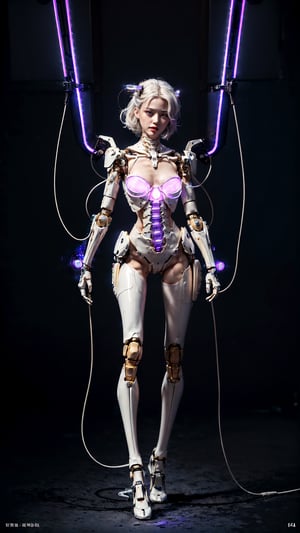 (((Masterpiece)))), (((highest quality)))), ((Ultra Definition)), (Very Detailed Photoreality), (((Very Delicate and Beautiful)), (Delicate and Pretty Face),  (((medium breast))), Cinematic Light, (((1 Machine Girl)), Solo, Full Body, Big, Cleavage Is Visible Skin, White Hair, Purple Eyes, Luminous Eyes, (Mechanical Joint: 1.4), (Mechanical limbs)), (Blood vessels connected to tubes), (( Mechanical vertebrae attached to the back)), ((Cervical vertebrae of the machine) attached to the neck)), (((standing)), expressionless, (wires and cables attached to the head and body: 1.5), (character focus), small LED lamps on the body, Evangelion, SF, metallic body, detailed neon,机甲少女