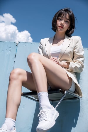 1girl, black_short_hair, bangs, white_shorts, ((blazer)), socks, white_sneakers,
((looking_at_viewer)),
sitting_down, chair,
(from below),
((blue_sky, clouds)), white_wall,