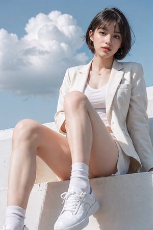1girl, black_short_hair, bangs, white_shorts, ((blazer)), socks, white_sneakers,
((looking_at_viewer)),
sitting_down, chair,
(from below),
((blue_sky, clouds)), white_wall, perfect eyes, detailed skin