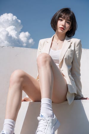 1girl, black_short_hair, bangs, white_shorts, ((blazer)), socks, white_sneakers,
((looking_at_viewer)),
sitting_down, chair,
(from below),
((blue_sky, clouds)), white_wall, perfect eyes, detailed skin