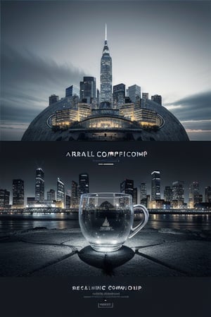 ArtComposition, High Quality, Lossless, Clean, Raw, High Quality, Lossless, Clean, Raw, ArtComposition,Poster ,Surreal ,design ,creative picture ,building ,official art ,scenery ,cityscape ,details ,monochrome ,city ,greyscale ,album cover ,A glass cup