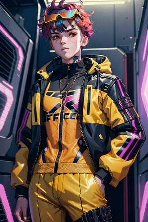 1 boy, fiery red yellow jacket, tight suit,and the anime series G Force of the 1980s,Darf Punk wlop glossy skin, ultrarealistic cyberpunk boy, helm 60s, holographic, holographic texture, the style of wlop ,arcane,high quailty,Ultra Details,cute banana,