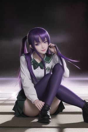 (masterpiece), 32k dgi, ultra detailed, dramatic lighting, hyper realistic, ((solo)), best quality, (((1girl))), (saeko busujima), japanese,  long_hair, purple_hair, purple_eyes, detailed_eyes, saeko_hairstyle, looking_at_viewer, pink_lips, best_body, (((saeko uniform))), smile, convident_eyes,  more detail XL

(Background: japan school class at night), ((horror)),

kyoushitsu,kaidan,hmochako,busujima_saeko, purple hair