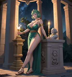 An ultra-detailed 16K masterpiece with fantasy, mystical and sensual styles, rendered in ultra-high resolution with realistic details. | A young 23 year old woman, with huge breasts, wearing a priestess of light outfit consisting of a white tunic with golden details, a golden belt, golden sandals and a shiny crystal necklace. Her short green hair, with a modern and stylish cut, has shiny strands that reflect the torchlight. Her purple eyes look at the viewer with a seductive expression, smiling and showing her teeth, with a reddened face. Located in an ancient temple in the forest at night, with stone structures, marble columns and sculptures of ancient gods. Heavy rain falls, creating a rhythmic sound as it hits the stone floor, while thunder rumbles in the background. Lighted torches illuminate the place, casting dancing shadows on the temple walls. A stone altar, statues of gods and ancient vases adorn the scene. | The image highlights the imposing figure of the young priestess of light and the architectural elements of the temple. The stone structures, marble columns and sculptures of ancient gods, together with the priestess, altar, statues and ancient vases, create a magical and sensual environment. Thunder in the night sky illuminates the scene, creating dramatic shadows and highlighting the details of the scene. | Soft, mystical lighting effects create a relaxing and mysterious atmosphere, while detailed textures on the structures and costume add realism to the image. | A relaxing and magical scene of a young priestess of light in an ancient forest temple at night, fusing elements of fantasy, mysticism and sensuality. | (((The image reveals a full-body shot as the young woman assumes a sensual pose, engagingly leaning against a structure within the scene in an exciting manner. She takes on a sensual pose as she interacts, boldly leaning on a structure, leaning back and boldly throwing herself onto the structure, reclining back in an exhilarating way.))). | ((((full-body shot)))), ((perfect pose)), ((perfect arms):1.2), ((perfect limbs, perfect fingers, better hands, perfect hands, hands)), ((perfect legs, perfect feet):1.2), the young woman has ((perfect breasts, firm breasts, saggy breasts, huge breasts)), ((perfect design)), ((perfect composition)), ((very detailed scene, very detailed background, perfect layout, correct imperfections)), Enhance, Ultra details, More Detail, milf, ((poakl)),