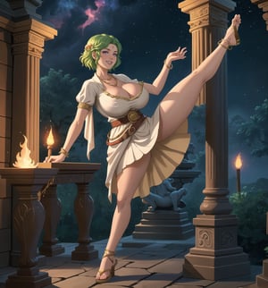 An ultra-detailed 16K masterpiece with fantasy, mystical and sensual styles, rendered in ultra-high resolution with realistic details. | A young 23 year old woman, with huge breasts, wearing a priestess of light outfit consisting of a white tunic with golden details, a golden belt, golden sandals and a shiny crystal necklace. Her short green hair, with a modern and stylish cut, has shiny strands that reflect the torchlight. Her purple eyes look at the viewer with a seductive expression, smiling and showing her teeth, with a reddened face. Located in an ancient temple in the forest at night, with stone structures, marble columns and sculptures of ancient gods. Heavy rain falls, creating a rhythmic sound as it hits the stone floor, while thunder rumbles in the background. Lighted torches illuminate the place, casting dancing shadows on the temple walls. A stone altar, statues of gods and ancient vases adorn the scene. | The image highlights the imposing figure of the young priestess of light and the architectural elements of the temple. The stone structures, marble columns and sculptures of ancient gods, together with the priestess, altar, statues and ancient vases, create a magical and sensual environment. Thunder in the night sky illuminates the scene, creating dramatic shadows and highlighting the details of the scene. | Soft, mystical lighting effects create a relaxing and mysterious atmosphere, while detailed textures on the structures and costume add realism to the image. | A relaxing and magical scene of a young priestess of light in an ancient forest temple at night, fusing elements of fantasy, mysticism and sensuality. | (((The image reveals a full-body shot as the young woman assumes a sensual pose, engagingly leaning against a structure within the scene in an exciting manner. She takes on a sensual pose as she interacts, boldly leaning on a structure, leaning back and boldly throwing herself onto the structure, reclining back in an exhilarating way.))). | ((((full-body shot)))), ((perfect pose)), ((perfect arms):1.2), ((perfect limbs, perfect fingers, better hands, perfect hands, hands)), ((perfect legs, perfect feet):1.2), the young woman has ((perfect breasts, firm breasts, saggy breasts, huge breasts)), ((perfect design)), ((perfect composition)), ((very detailed scene, very detailed background, perfect layout, correct imperfections)), Enhance, Ultra details, More Detail, ((poakl)), milf