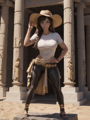 A woman, wearing a white T-shirt with a dark leather coat over her T-shirt, long brown leather pants, archaeologist's hat on her head, gigantic breasts, curly dark brown hair, bangs in front of her eyes, (((pose of erotic interacting and leaning on an object)))), in an ancient Egyptian temple, large gold altars, Grid statuettes of ancient gods,  a great waterfall fixed to a statue, is by day, desert full of sand, ((full body):1.5). 16k, UHD, best possible quality, best possible detail, best possible resolution, Unreal Engine 5, professional photography,