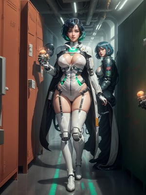 {((1 woman))}, ((wearing a white wick suit with extremely tight and tight black parts on the body)), ((short straight blue hair, sparkling green eyes)), ((has extremely large and firm breasts)), only she is ((looking at the viewer, giving a small smile, doing erotic pose leaning against a robot)), ((in a futuristic school, crowded with robots in the shape of animals,  school hallway with futuristic lockers)), (((full body, standing))), 16k, UHD, Better quality, better resolution, better detail,