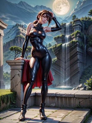 Just a woman, white T-shirt, black leather pants, brown boot, extremely tight and tight clothing, gigantic breasts, firm breasts, brown hair, shoulder-length hair, slender hair, hair with bangs in front of the eyes, hair in a ponytail, staring at the camera, (((erotic pose interacting and leaning on something))), in an ancient Arcadian temple,  with altars, great monuments, large statues, background of mountains with great waterfalls at night, with a full moon at the top left, ((full body):1.5), 16k, UHD, best possible quality, ((ultra detailed):1.2), best possible resolution, Unreal Engine 5, professional photography, perfect_hands