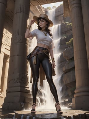 A woman, wearing a white T-shirt with a dark leather coat over her T-shirt, long brown leather pants, archaeologist's hat on her head, gigantic breasts, curly dark brown hair, bangs in front of her eyes, (((pose of erotic interacting and leaning on a large structure))), in an ancient Egyptian temple, large gold altars, Grid statuettes of ancient gods,  ((large waterfall fixed to a statue)), is daytime, desert full of sand, ((full body):1.5). 16k, UHD, best possible quality, best possible detail, best possible resolution, Unreal Engine 5, professional photography,