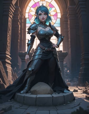 4K, with a style inspired by the game Zelda: Breath of the Wild. | Amidst the ruins of an ancient destroyed temple, a stunning woman wears a completely black medieval armor, covering her entire body. Her blue eyes radiate happiness, and a big smile lights up her face as she looks directly at the viewer. Short, spiky blue hair, with a voluminous fringe over her right eye, adds a unique touch to her appearance. Adopting a sensual pose, she interacts and leans on a large structure, gracefully leaning back. The camera, positioned very close, focuses on the entire body of the main character. | The nighttime scene is intensified by heavy rain, revealing details of the temple ruins, a large sword embedded in a stone, altars, destroyed furniture, and a large stained glass window. Rusty armors scatter on the ground, and large structures display ancient texts. | Carefully adjusted lighting highlights the beauty of the woman in black armor, while the rain adds dynamism to the scene. The Breath of the Wild style is incorporated in the combination of medieval and fantastical elements, creating an exciting and immersive scene. | A stunning warrior in black medieval armor, smiling cheerfully in the ruins of an ancient temple on a rainy night. | She is adopting a ((sensual pose as interacts, boldly leaning on a large structure in the scene, leaning back in a dynamic way, adding a unique touch to the scene.):1.3), ((full body image)), perfect hand, fingers, hand, perfect, better_hands, More Detail,